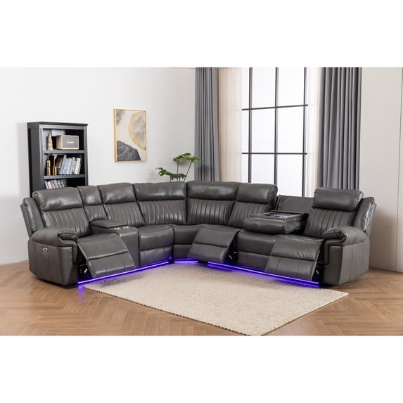 Paleremo Faux Leather Sectional with LED USB Speaker Wireless Charger in Gray