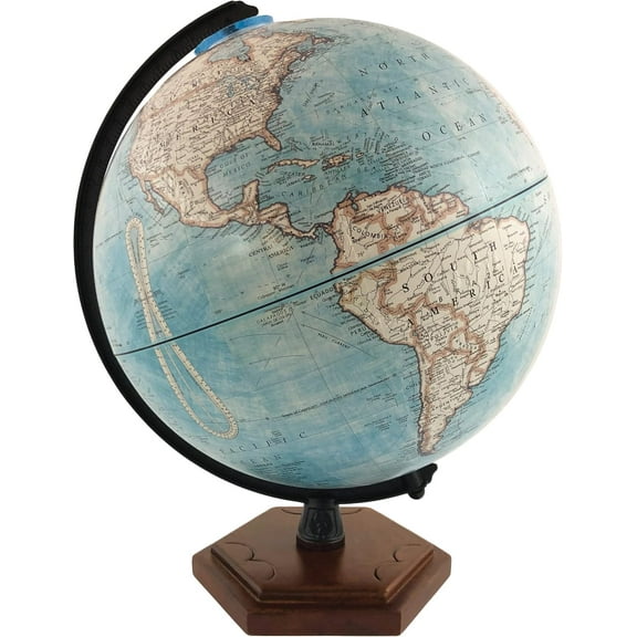 Palermo 9" Diameter Globe, USA Cartography with with Mountain Relief, Solid Hard Wood Base and Blue Ocean Globe Ball.
