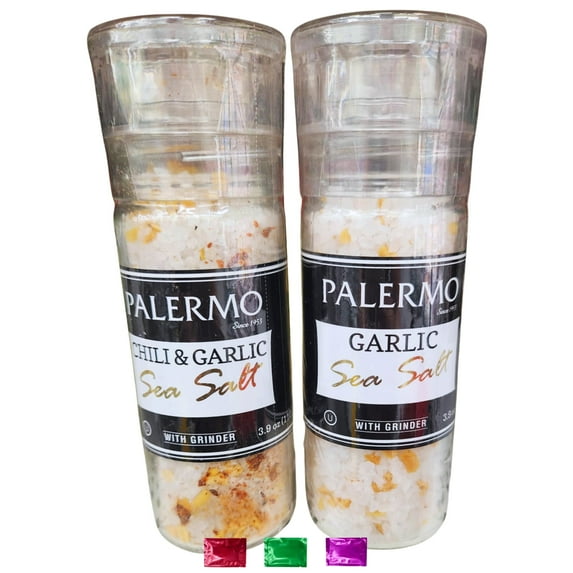 Palermo Chili & Garlic and Garlic Sea Salt Seasoning with Grinder 3.9 Oz Pack of 2, Savory Seasoning Powder Meat Dishes Cuisine Home Restaurant Cooking Kitchen with Snoep in Beperkte Oplage