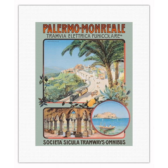 Palermo to Monreale Sicily Southern Italy - by Funicular Electric Tram - Vintage Railroad Travel Poster c.1900 - Fine Art Rolled Canvas Print 11in x 14in