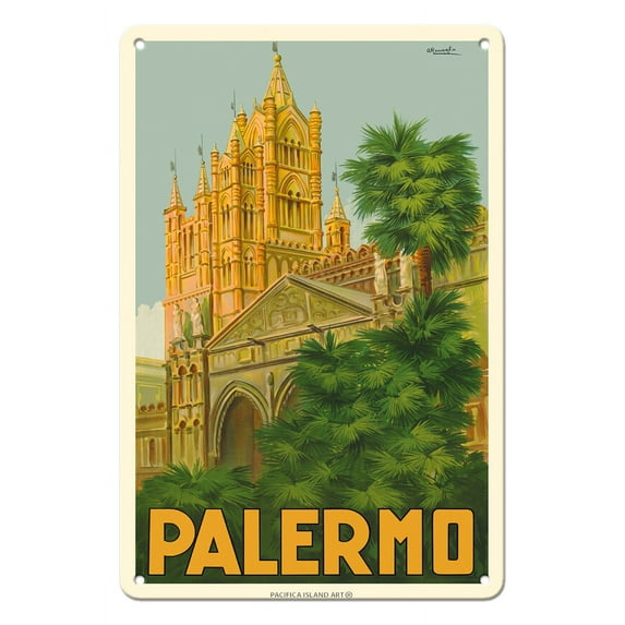 Palermo Sicily Italy - Duomo (Cathedral) - Vintage Travel Poster by Attilio Ravaglia c.1930s - 8 x 12 inch Vintage Metal Tin Sign