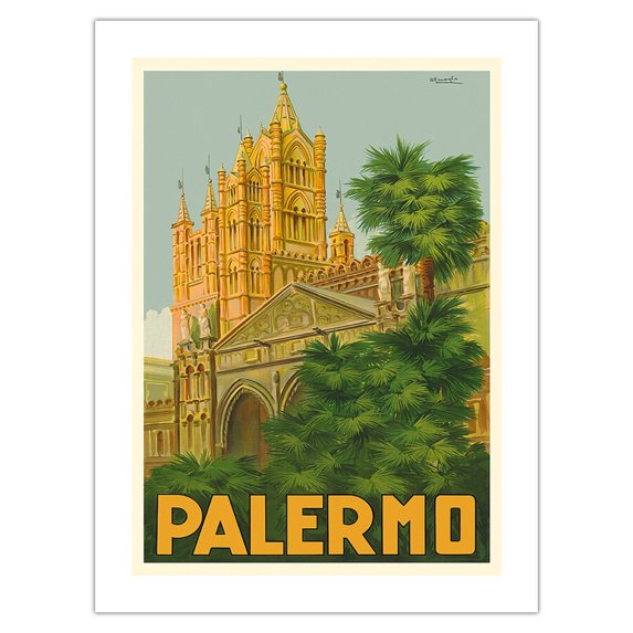 Palermo Sicily Italy - Duomo (Cathedral) - Vintage Travel Poster by Attilio Ravaglia c.1930s - Bamboo Fine Art 290gsm Paper (Unframed) 12x16in
