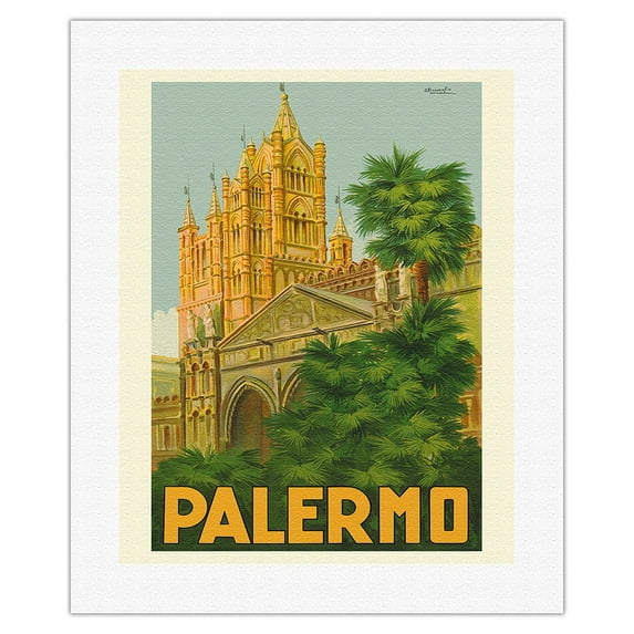 Palermo Sicily Italy - Duomo (Cathedral) - Vintage Travel Poster by Attilio Ravaglia c.1930s - Fine Art Rolled Canvas Print 16in x 20in