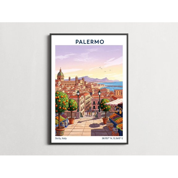Palermo Vintage Travel Teal Sea And Lavender-Peach Sunset Coastal Wall Art Poster , Poster Print Only