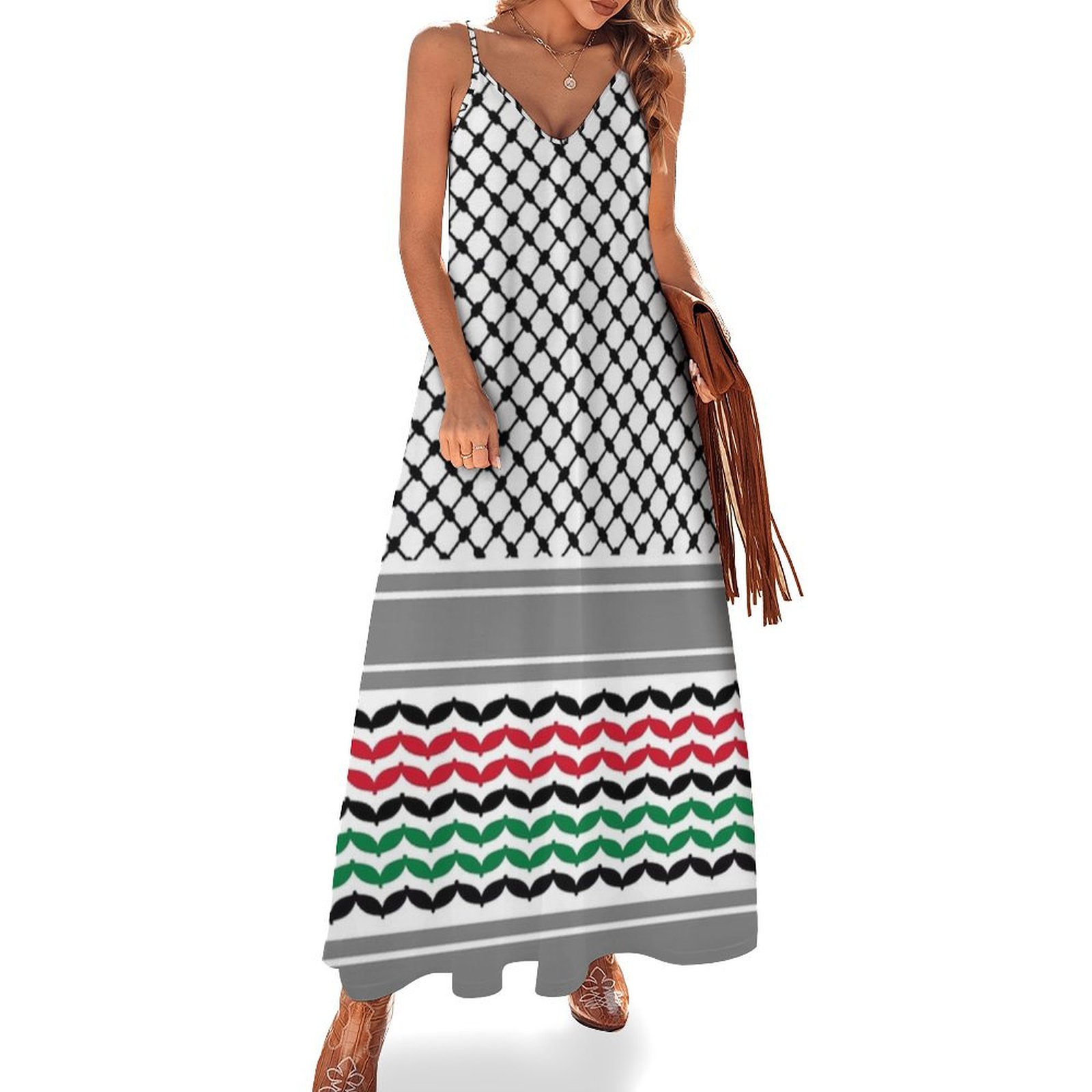 Palestine Arabic Traditional Keffiyeh Design Summer Dress Woman Trendy