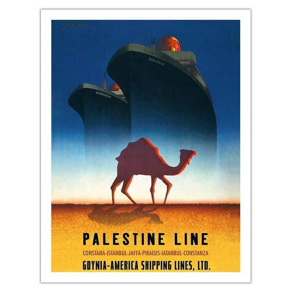 Palestine Line - Gdynia-America Shipping Lines SS Kościuszko & SS Polonia - Vintage Travel Poster by Tadeusz Trepkowski c.1935 - Fine Art Matte Paper Print (Unframed) 20x26in