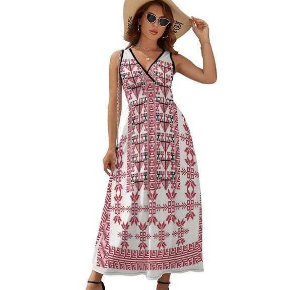 Palestinian Embroidery Dress Summer Street Style Bohemia Long Dresses Female Sleeveless Printed Maxi Dress