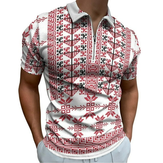 Palestinian Embroidery Men Zipper T-shirt Summer Casual Short Sleeve T-shirt Top