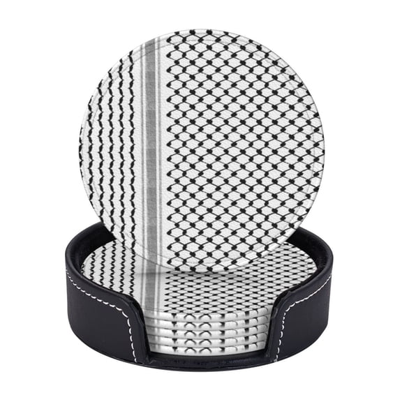 Palestinian Hatta Kufiya Folk Pattern Coasters With Leather Holder Set Of 6 Round Coasters for Home and Kitchen Decor