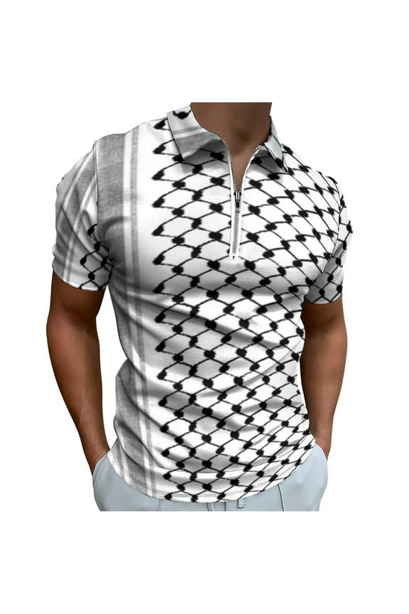 Palestinian Hatta Kufiya Folk Pattern Men Zipper T-shirt Summer Casual Short Sleeve T-shirt Top