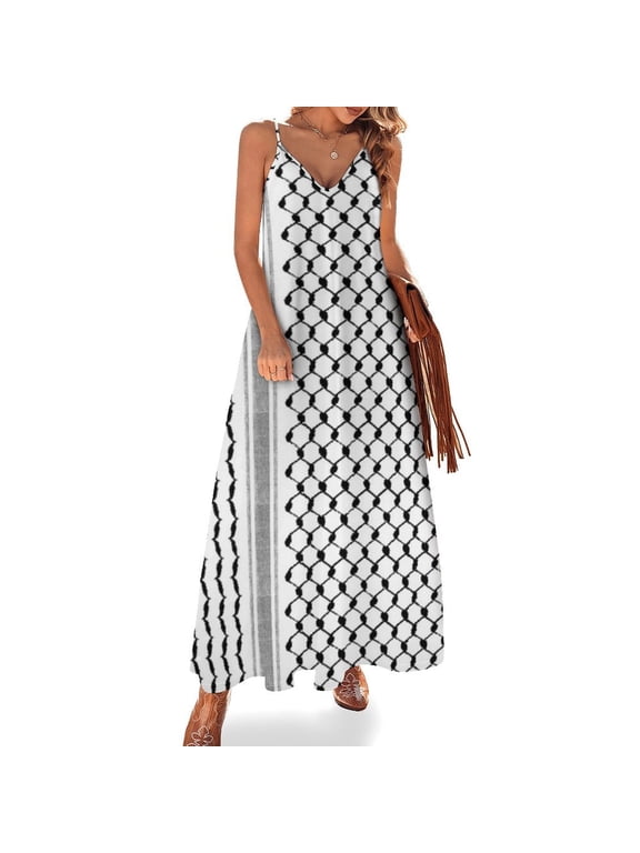 Palestinian Hatta Kufiya Folk Pattern Sleeveless Suspender Dress Summer Fashion Casual Long Dress