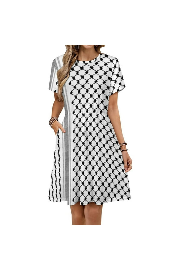 Palestinian Hatta Kufiya Folk Pattern Women's Dress Short Sleeve Summer Sundress Summer Women Clothes