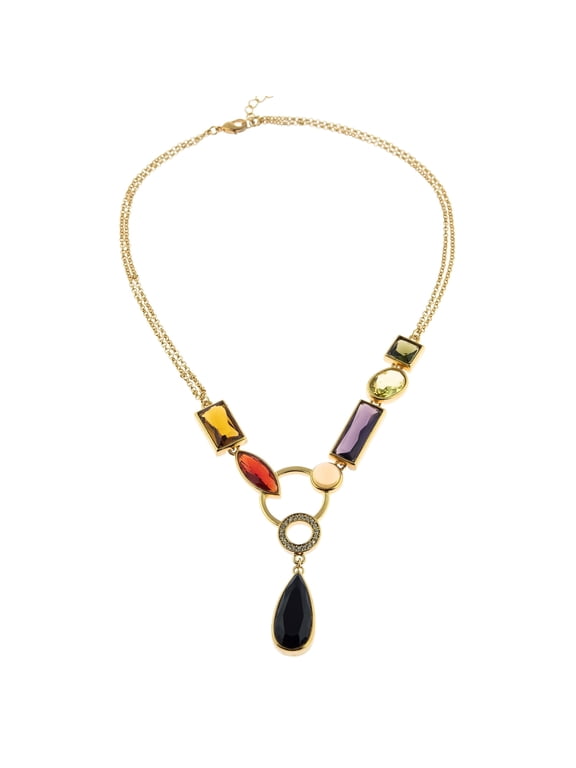 Elegant Y-Style Multi-Color Glass Crystal Statement Necklace with Gold Tone Chain Jewelry Necklace Gold