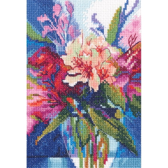 Wizardi Counted Cross Stitch Kit "Palette of Emotions" M1090 Flowers in Glass Vase, 14ct White Zweigart Aida DMC 28 Colors Floss, Needle, Chart, 4.53x6.69" Kit for Adult RTO