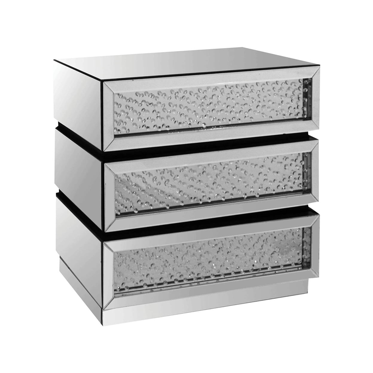 Silver Mirrored 3-Drawer Nightstand with Faux Crystal Accents