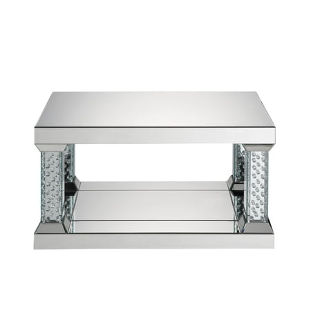 Pali 36 Inch Rectangular Coffee Table, Mirrored, Faux Crystal Inlay, Silver- Saltoro Sherpi