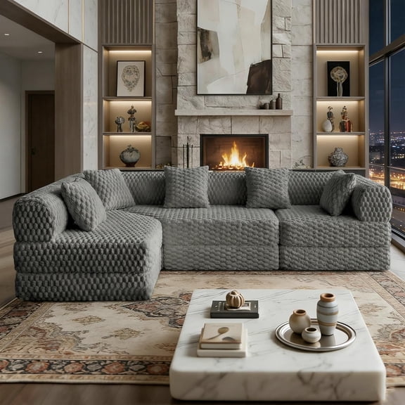 Palifte Sectional Sofa Modern Modular Cloud Couch with Deep Seating Upholstered Couch for Living Room Bedroom, Turtle Velvet Upholstery, Gray