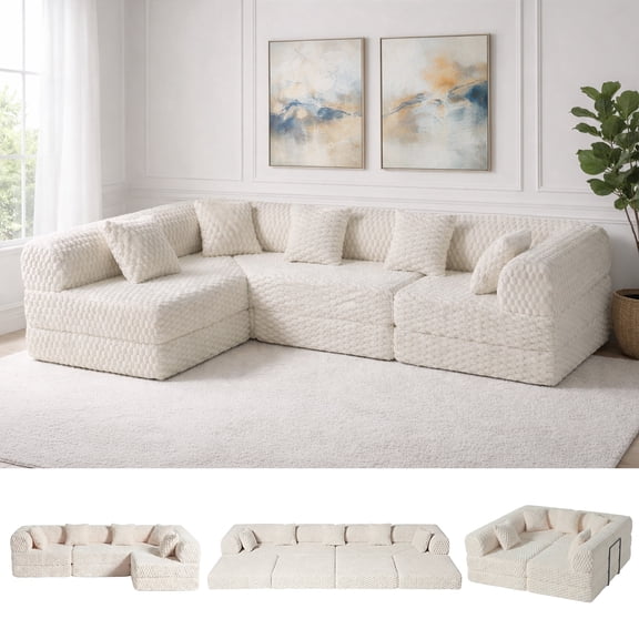 Palifte Modern Cloud Couch Sectional with L-Shaped Chaise, Ergonomic Support & Free Combination, Corduroy Sofa for Living Room, White