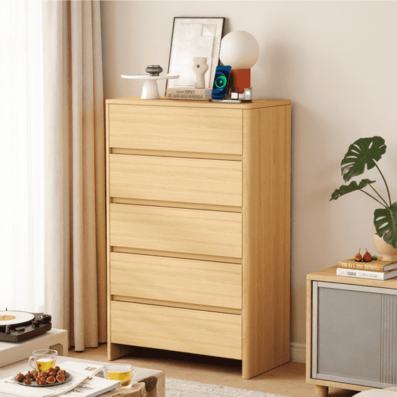 Palifte 5 Drawer Dresser for Bedroom, Natural Oak Wood Storage Cabinet with Invisible Handles, Tall Chest of Drawers with Charging Station,for Living Room, Hallway, Entryway, Guest Room