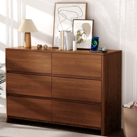 Palifte 6 Drawer Dresser for Bedroom, Modern Chest of Drawer with Charging Station & Smooth-Sliding Drawers, Storage Organizer for Bedroom Living Room, Walnut