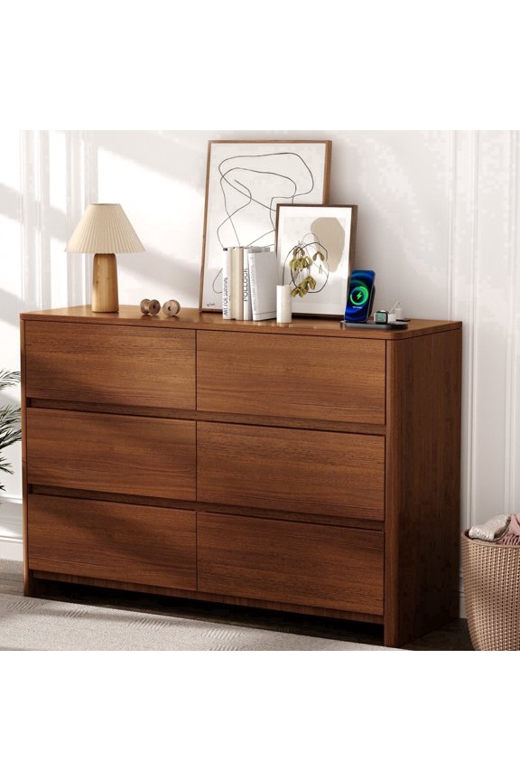 6 Drawer Dresser for Bedroom, Modern Chest of Drawer with Charging Station & Smooth-Sliding Drawers, Storage Organizer for Bedroom Living Room, Walnut