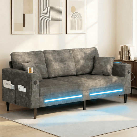 Palifte Chenille Sofas & Couches, Modern 3 Seater Sofa with Charging Ports & Side Pocketsfor Living Room, Apartment, Gray