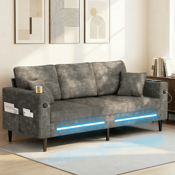 Palifte Chenille Sofas & Couches, Modern 3 Seater Sofa with Charging Ports & Side Pocketsfor Living Room, Apartment, Gray