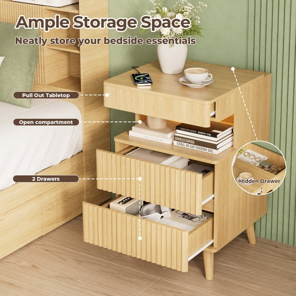 Palifte Fluted Nightstand with Charging Station,Modern Endsidee Table with LED Light & a Open Shelf and 2 Drawers for Bedroom living Room,Natural Oak