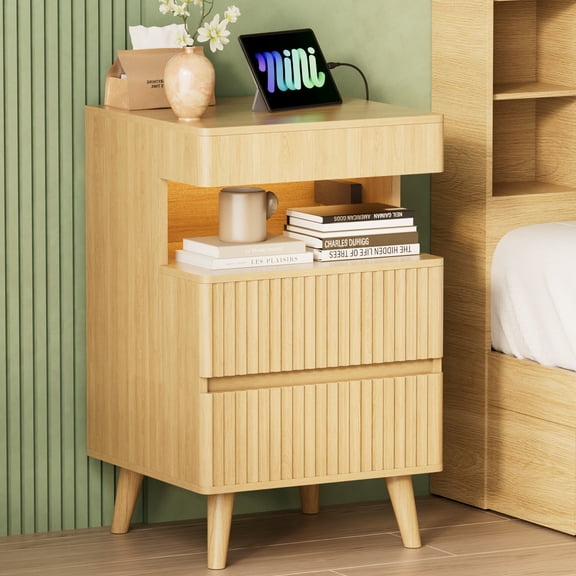 Palifte Fluted Nightstand with Charging Station,Modern Endsidee Table with LED Light & a Open Shelf and 2 Drawers for Bedroom living Room,Natural Oak