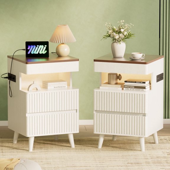 Palifte Led Nightstand with Charging Station Set of 2, Modern Bedside Table with 3 Storage Drawers ,Hidden Drawer & Pull-Out Tabletop,for Living Room Bedroom,White