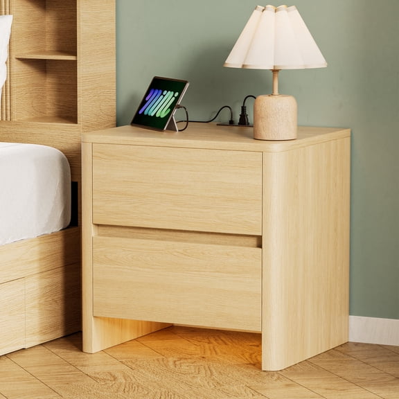 Palifte Natural Oak Nightstand with Charging Station & LED Lights,20" Length Modern End Side Table with 2-Drawer and Elevated Bottom Design,for Living Room/Bedroom