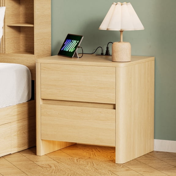 Palifte Natural Oak Nightstand with Charging Station & LED Lights,20" Length Modern End Side Table with 2-Drawer and Elevated Bottom Design,for Living Room/Bedroom