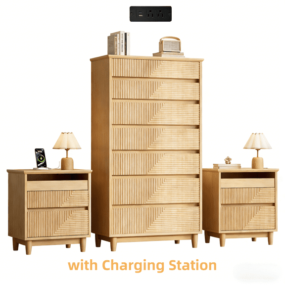 Palifte Tall 6 Drawer Dresser & 2-Drawer Charging Nightstands Set,3 Pieces Multifunctional Furiture Set for Bedroom Living Room,Natural Oak