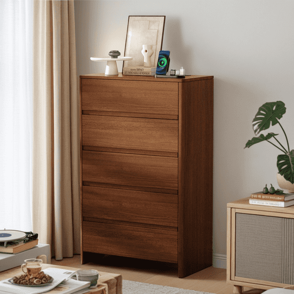 Palifte Walnut Color 5 Drawer Dresser with Charging Station,47.2" Tall Wood Chest of Drawer and Invisible Handle Design,for bedroom, Living Room, Entryway, Hallway