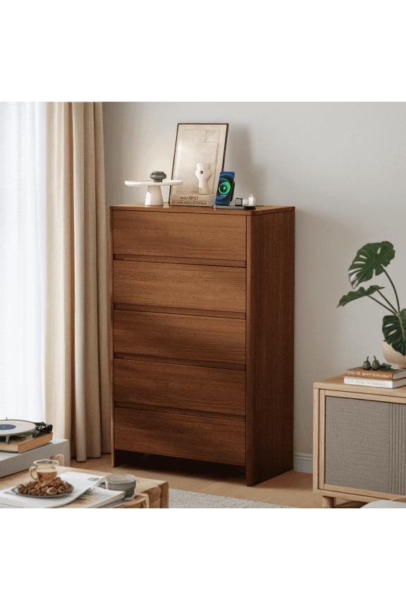 Walnut Color 5 Drawer Dresser, Modern Wood Storage Cabinet with Charging Station & Smooth-Sliding Drawers, Chest of Drawers for Bedroom Living Room, Walnut