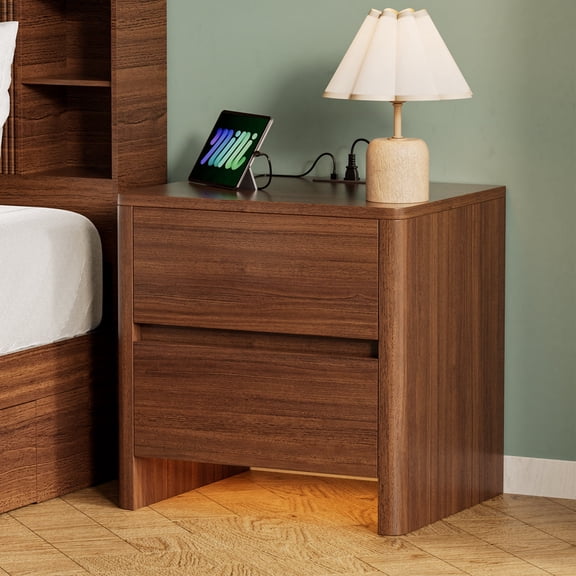 Palifte Walnut Color Nightstand with Charging Station & LED Lights,20" L Mid-century End Side Table with 2-Drawer and Elevated Bottom Design,for Living Room/Bedroom