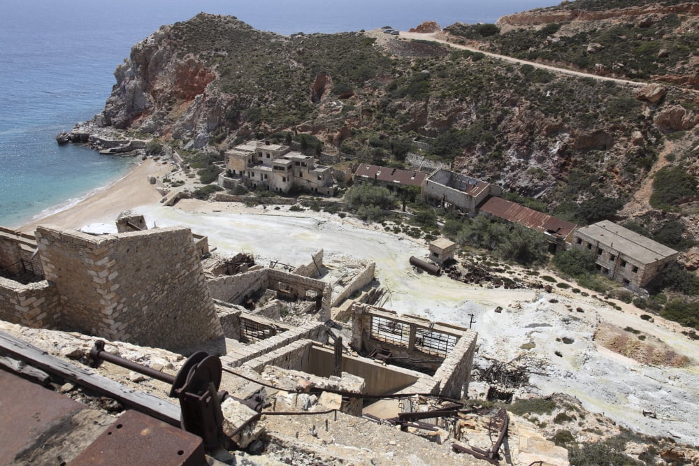 Paliorema sulfur mine and processing facility Milos Island Greece Canvas Art - Richard RoscoeStocktrek Images (35 x 23)
