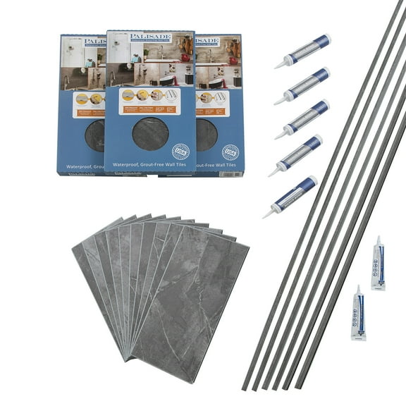 Palisade 23.2in x 11.1in Vinyl Wall Tile Shower Kit in Cracked Slate