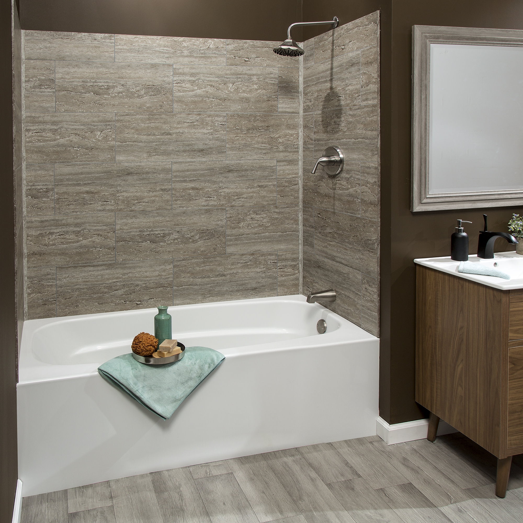Palisade 23.2 in. x 11.1 in. Interlocking Vinyl Tile Shower and Tub Surround Kit in Grecian Earth