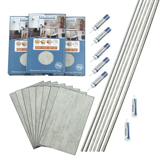 Palisade 25.6 in. x 14.8 in. Interlocking Vinyl Tile Shower and Tub Surround Kit in Wind Gust