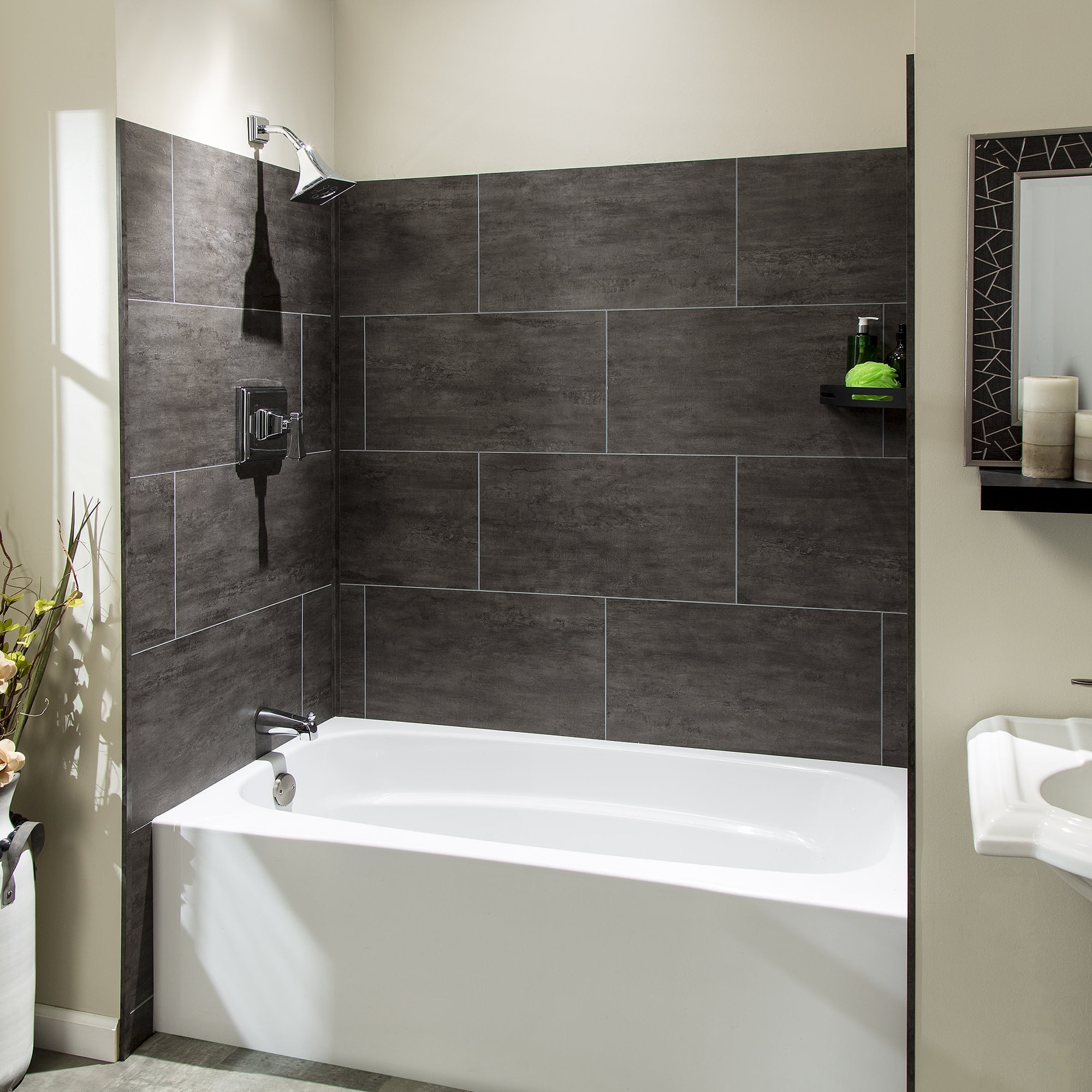 Ashen Slate Gray Vinyl Tile Shower Kit with Interlocking Design