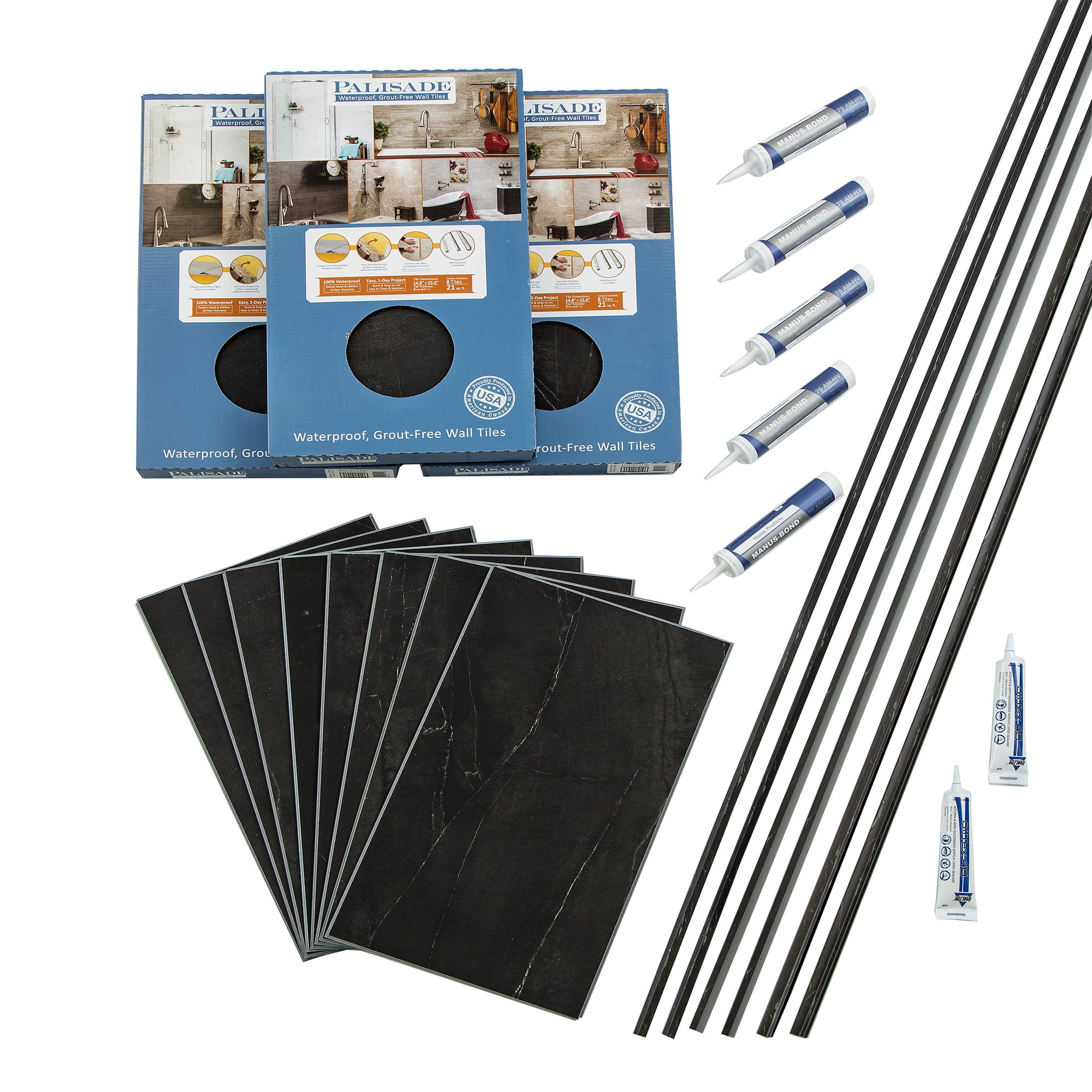 Palisade 25.6in x 14.8in Vinyl Wall Tile Shower Kit in Black Ice