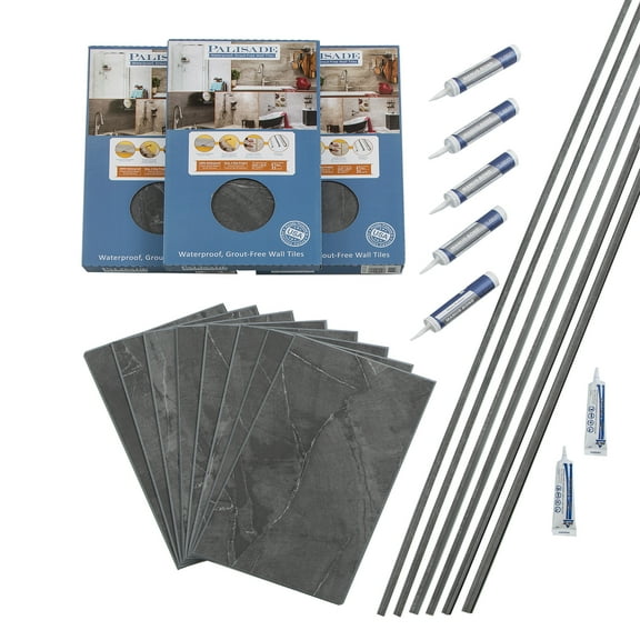 Palisade 25.6in x 14.8in Vinyl Wall Tile Shower Kit in Cracked Slate