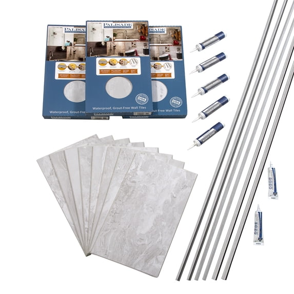 Palisade 25.6in x 14.8in Vinyl Wall Tile Shower Kit in Iced Pewter