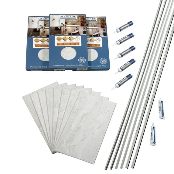 Palisade 25.6in x 14.8in Vinyl Wall Tile Shower Kit in Polar Frost