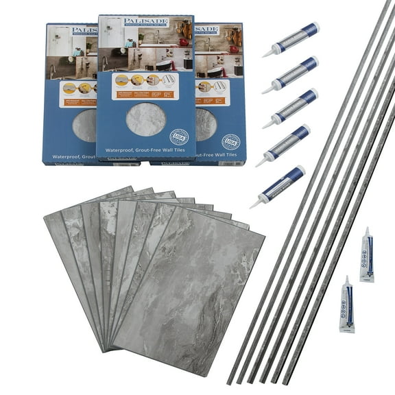 Palisade 25.6in x 14.8in Vinyl Wall Tile Shower Kit in Smoky Sky