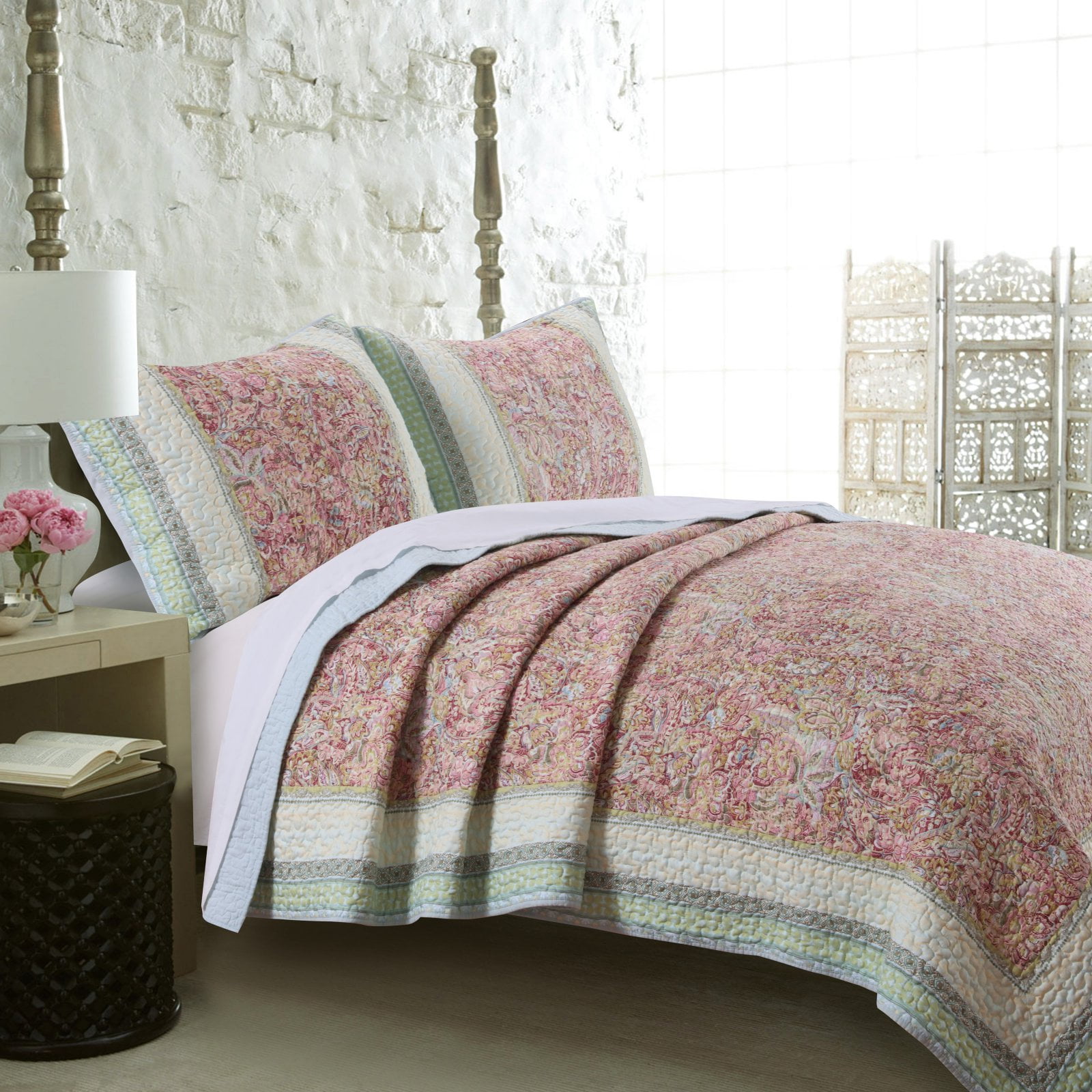 Full Blue Reversible Microfiber Quilt Set with Trim