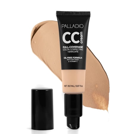Palladio Full-Coverage Color Correction CC Cream, Oil-Free with Peptides & Vitamin C, Best for Correcting Redness and Uneven Skin Tone, Buildable Foundation Coverage (Light 20W, Warm Undertone)