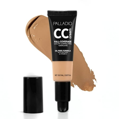 Palladio Full-Coverage Color Correction CC Cream, Oil-Free with Peptides & Vitamin C, Best for Correcting Redness and Uneven Skin Tone, Buildable Foundation Coverage (Tan 40W, Warm Undertone)
