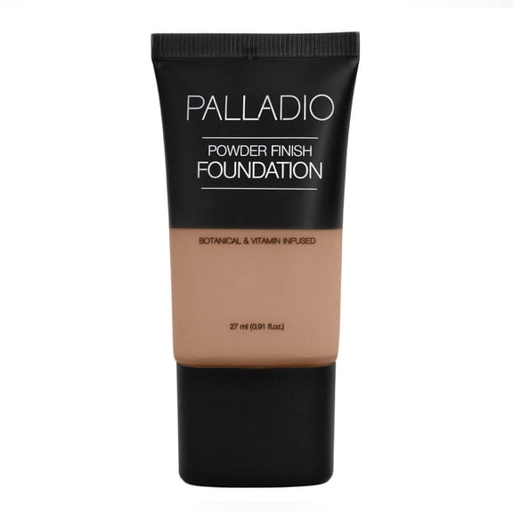 "Palladio Powder Finish Liquid Foundation, Natural Matte Appearance, Reduces Fine Lines, Covers Large Pores, Hides Imperfections, All Day Wear, Sheer to Medium Coverage, Caramel"